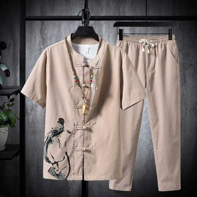 Men’s Summer Shirt & Trousers Set, Cotton Linen, Casual Two-Piece, Sizes M–5XL