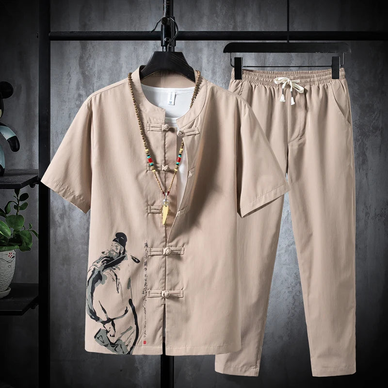 (Shirt + Trousers) Summer Fashion Men’s Shirt, Cotton and Linen, High-Quality Casual Two-Piece Set, Sizes M–5XL