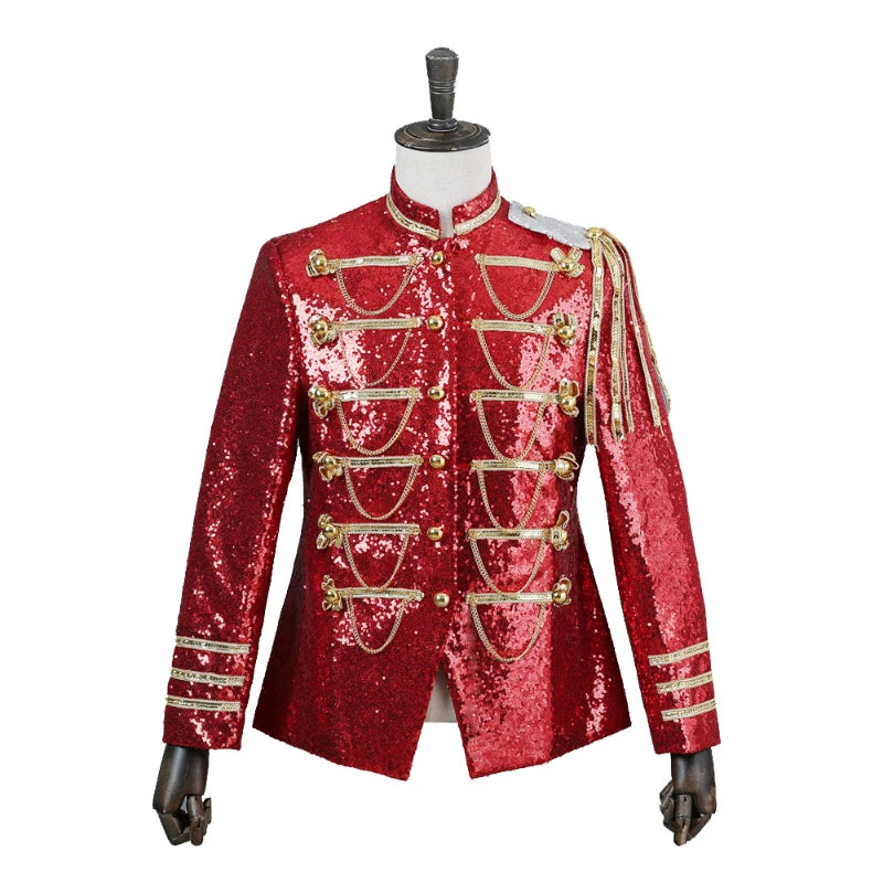 Men’s 2025 Court Style Blazer – Silver Sequin Military Jacket, Shiny Performance Wear