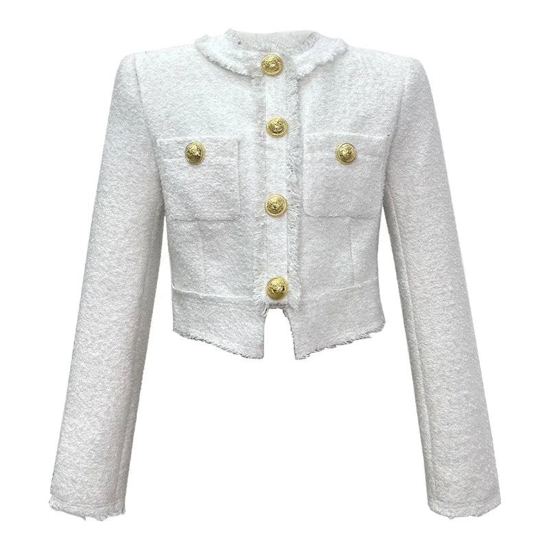 Women’s Short Tweed Jacket, Elegant White-Blue Buttoned Coat, Long Sleeve Office Streetwear