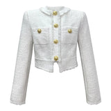 Women’s Short Fashion Jacket, Elegant White Blue Tweed Top Coat, Long Sleeve Buttoned Office Lady Street Outerwear