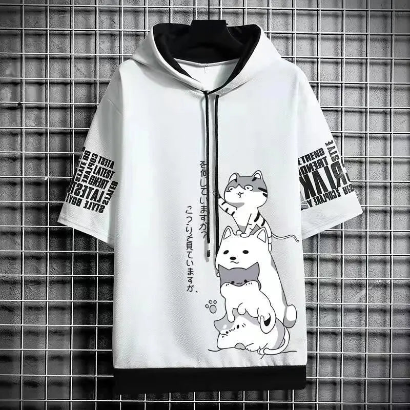 Men’s Summer Hoodie, Japan Fashion Cartoon Print, Casual Harajuku Streetwear, Short Sleeve Hooded Top Sweatshirt