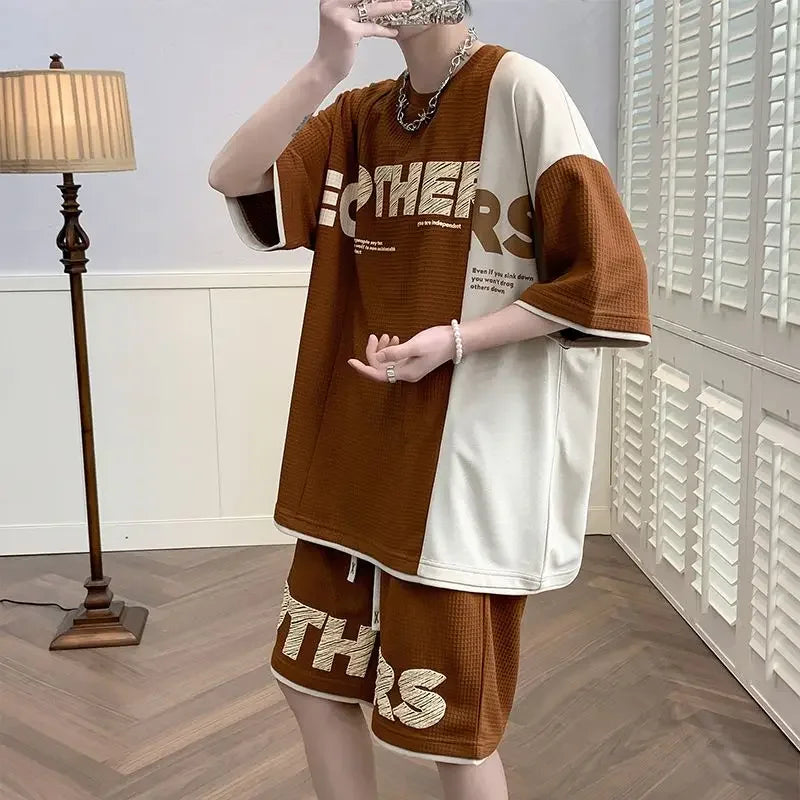 Men’s Clothing Set, Alphabet Top Jogging Sports Suit, Brown T-Shirt Sweatpants