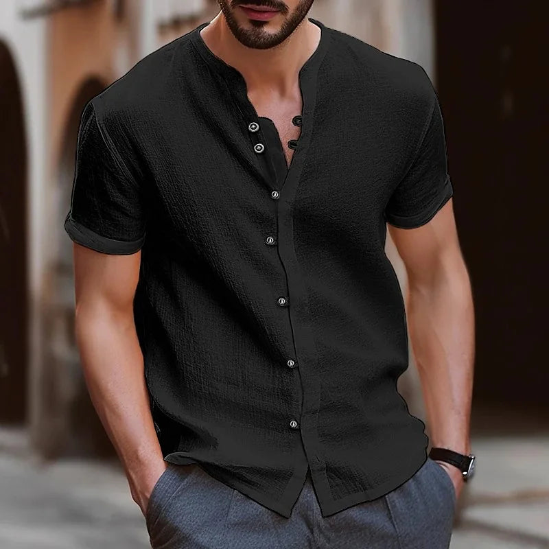 Men’s Casual Retro Cotton Linen Short-Sleeve Shirt, Stand Collar, Solid Color, US Sizes