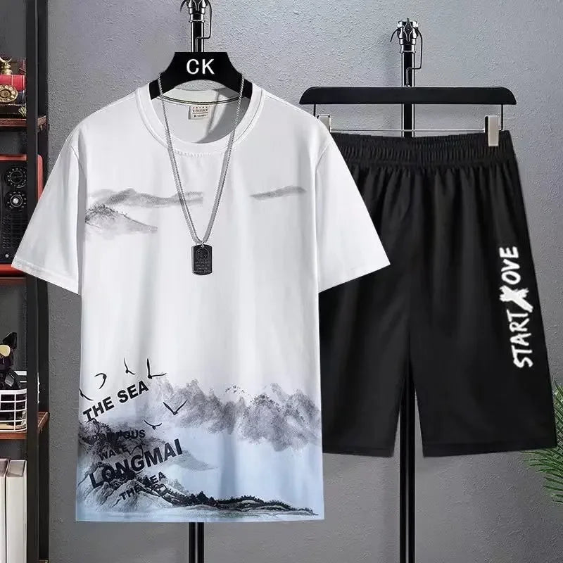 Men’s Trendy Summer Suit, Short Sleeve Tee and Shorts Set, 2-Piece Casual Gym Outfit, Student Tracksuit Clothing