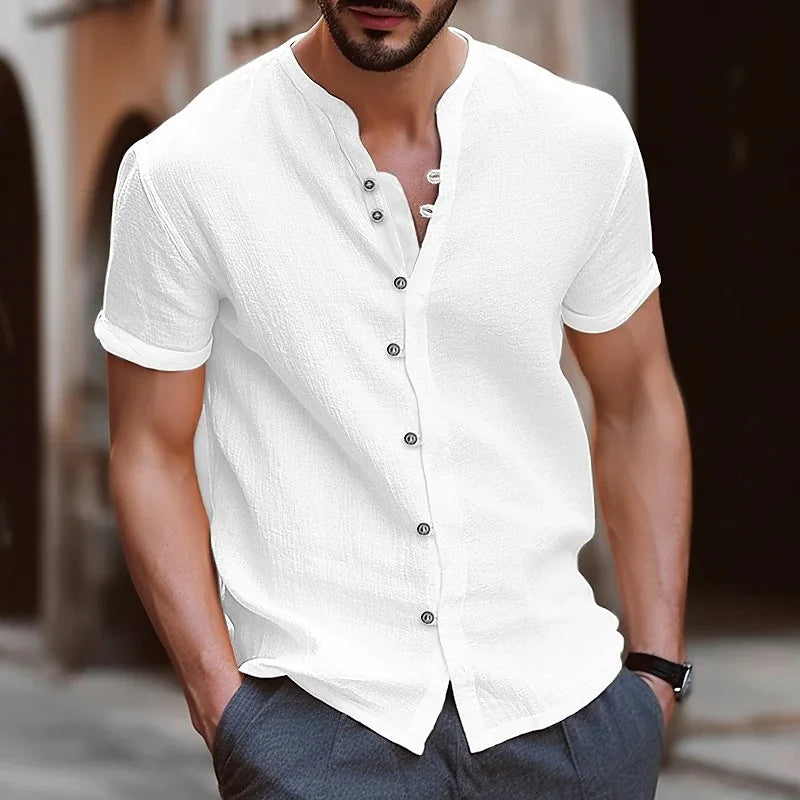 Men’s Casual Retro Cotton Linen Short-Sleeve Shirt, Stand Collar, Solid Color, US Sizes
