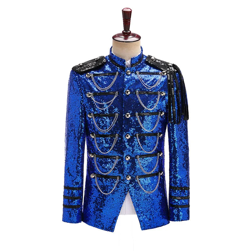 2025 Court Dress Performance Clothes, Silver White Fashion Shiny Beaded Blazer for Men, Host Nightclub DJ Sequin Military Jacket