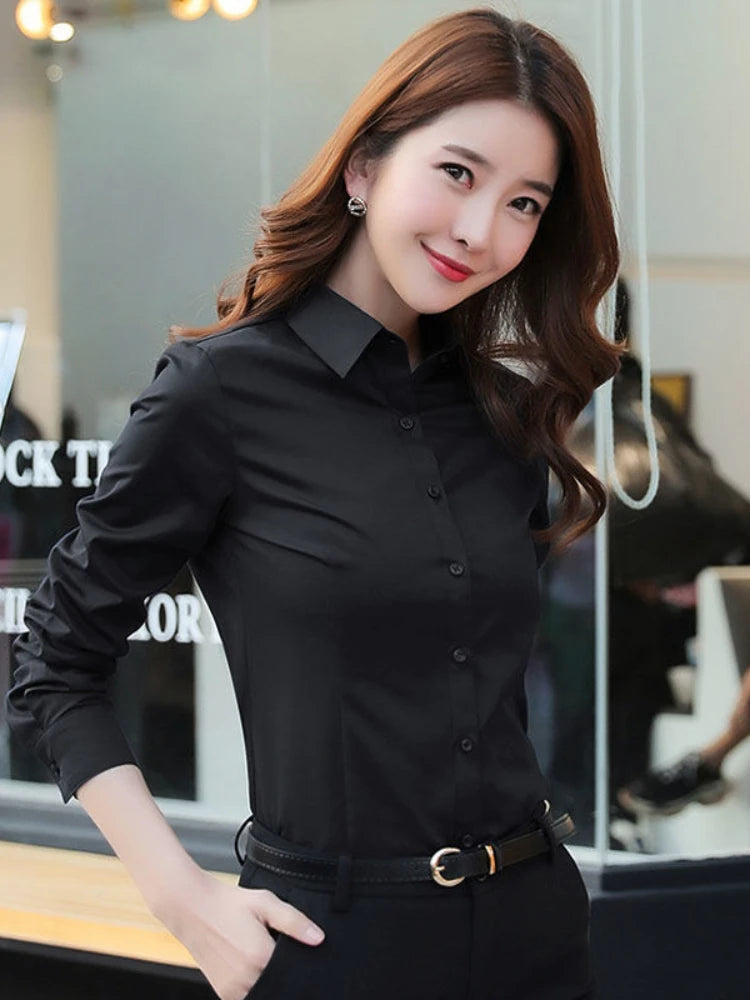 Fashion Women’s Shirt, White Long-Sleeve Professional Shirt, Formal Dress Work Clothes, Large Size OL Button Women’s Top