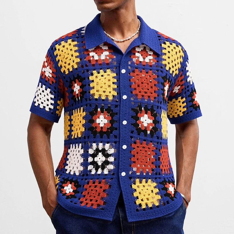 Men’s Floral Embroidered Knit Shirt, Summer Casual Buttoned Lapel, Vintage Crochet Hollow-Out Top