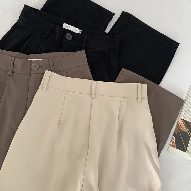 High Waist Women’s Suit Pants, Fall Straight Office Trousers, Korean Fashion Casual Button Loose Female Black Pants