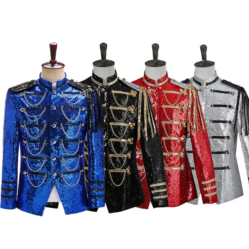 Men’s 2025 Court Style Blazer – Silver Sequin Military Jacket, Shiny Performance Wear
