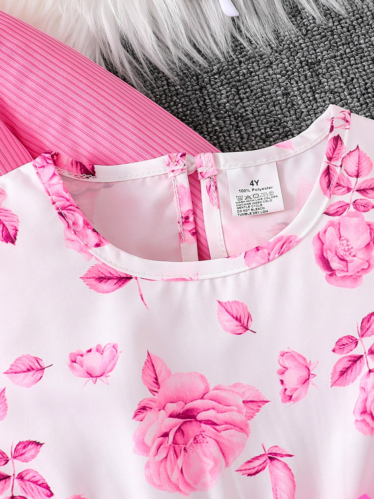 Children's clothing girl autumn fashion casual pink floral dress set 2-piece set - pink round neck vest+pink floral skirt