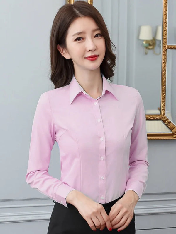 Fashion Women’s Shirt, White Long-Sleeve Professional Shirt, Formal Dress Work Clothes, Large Size OL Button Women’s Top