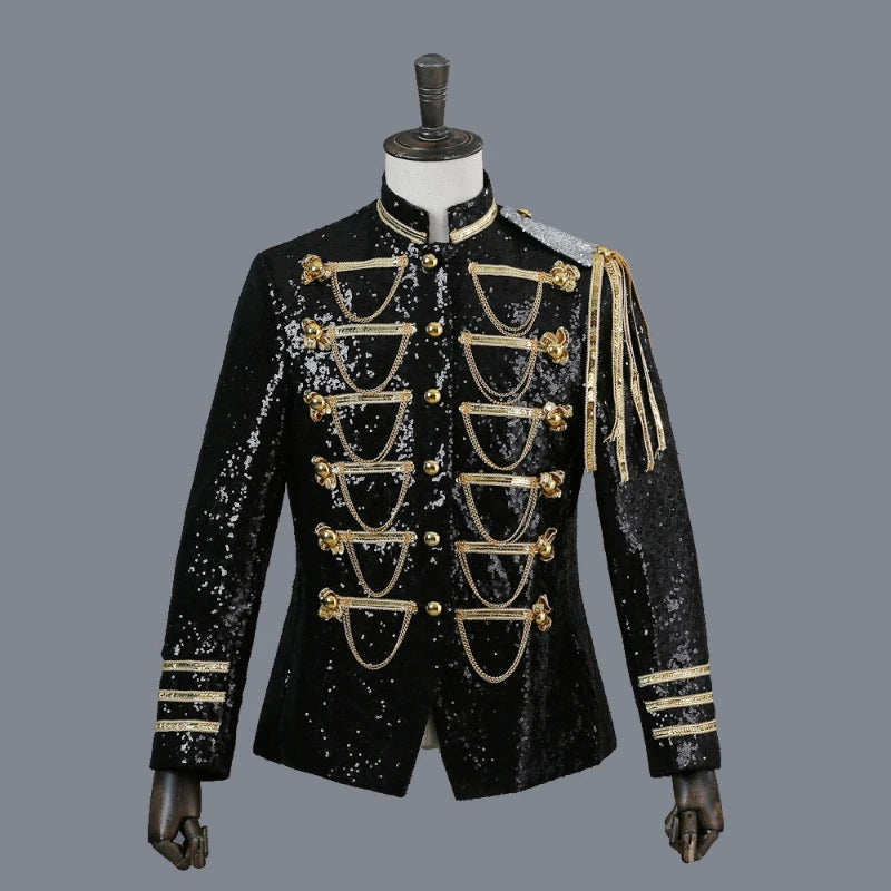 Men’s 2025 Court Style Blazer – Silver Sequin Military Jacket, Shiny Performance Wear
