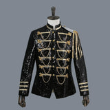 2025 Court Dress Performance Clothes, Silver White Fashion Shiny Beaded Blazer for Men, Host Nightclub DJ Sequin Military Jacket