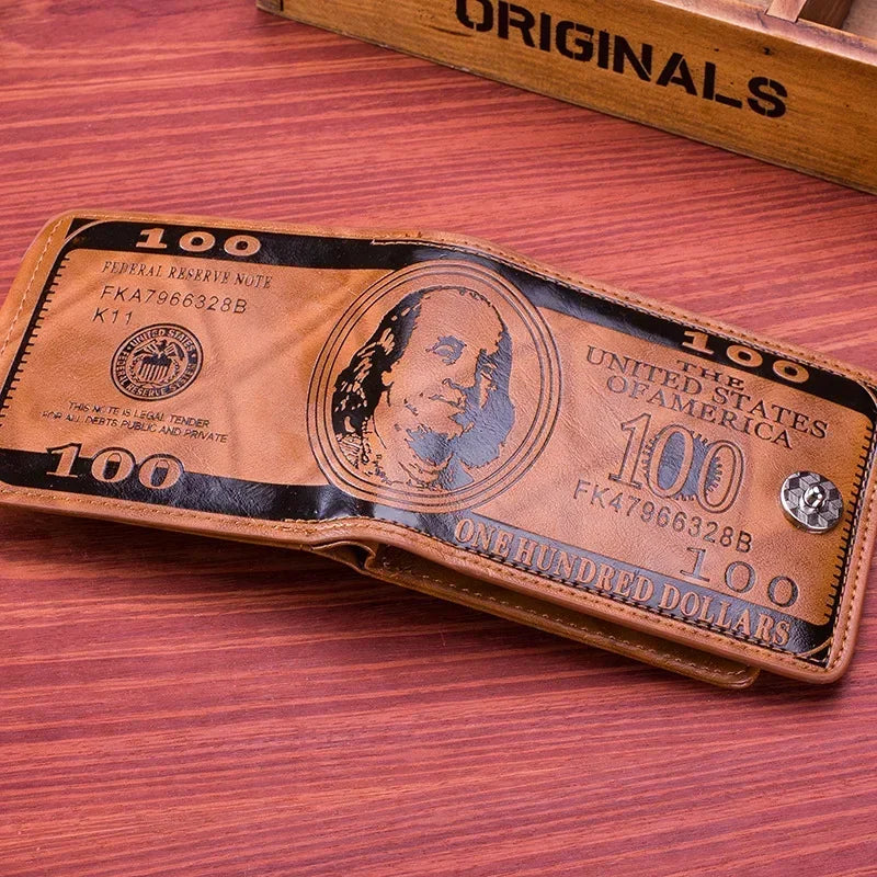 Men’s Fashion Wallet, Leather Photo Card Holder with 100 Dollar Pattern, Large Capacity Stylish Money and Card Purse