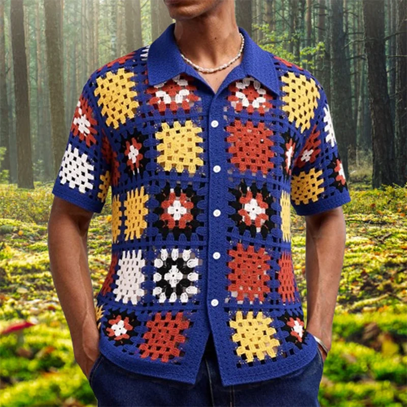 Men’s Floral Embroidered Knit Shirt, Summer Casual Buttoned Lapel, Vintage Crochet Hollow-Out Top