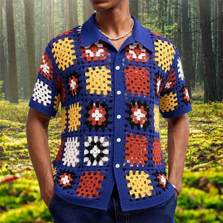 Men’s Floral Embroidered Knit Shirt, Summer Casual Buttoned Lapel, Vintage Crochet Hollow-Out Top