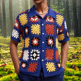 Fashion Florals Embroidery Knit Shirts Men's Summer New Casual Buttoned Lapel Cardigan Tops Men Vintage Hollow Out Crochet Shirt