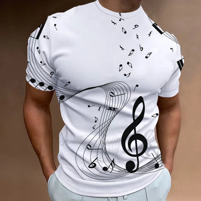 Men’s Fashion T-Shirt, 3D Musical Notation Print, Summer Casual Streetwear Top