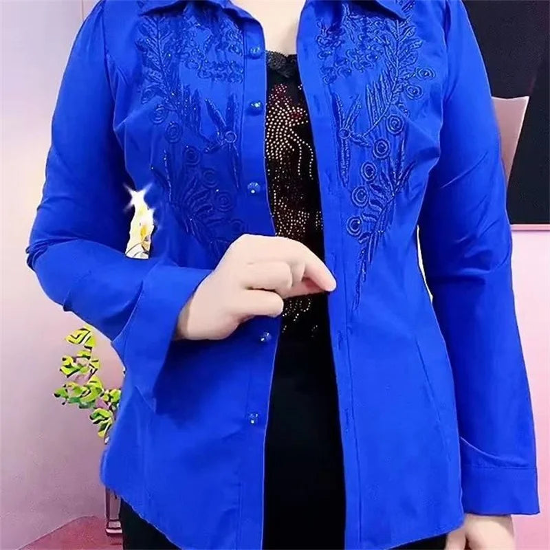 Women’s White, Red & Blue Shirt, Rhinestone Embroidery, Stylish Spring Summer Autumn Blouse