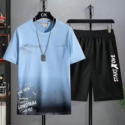 Men’s Trendy Summer Suit, Short Sleeve Tee and Shorts Set, 2-Piece Casual Gym Outfit
