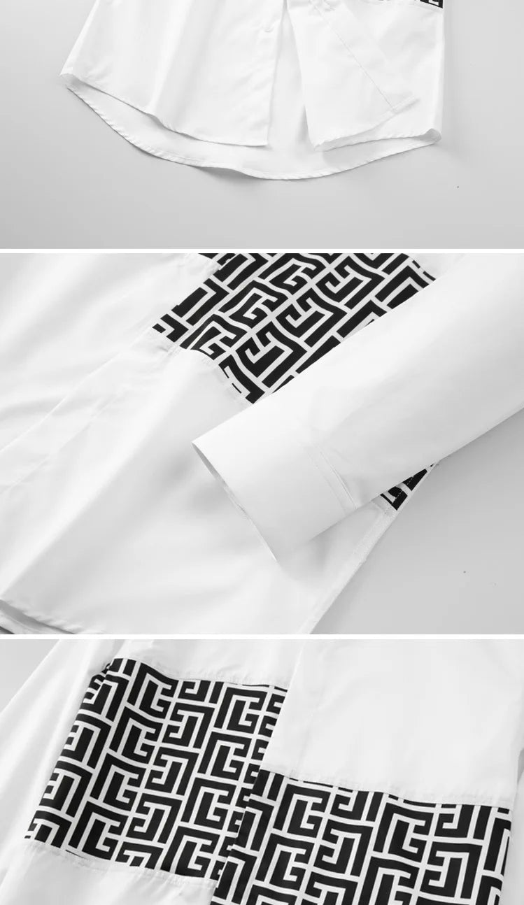 Fashion Geometric Printed Shirts Men’s Long Sleeve Luxury Social Shirt Slim Fit Banquet Party Business Dress Shirts Men Clothing