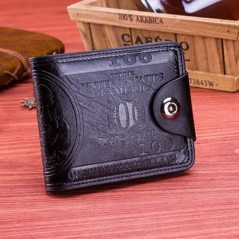 Men’s Fashion Wallet, Leather Photo Card Holder with 100 Dollar Pattern, Large Capacity Stylish Money and Card Purse