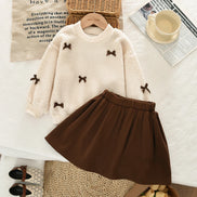 Khaki Fashion Autumn Winter New 3-7 Year Old Girls' Round Neck Long Sleeve Bow Top+pleated Skirt Two Piece Set Korean Version