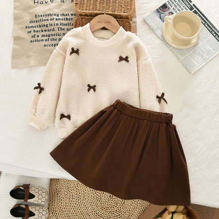 Khaki Fashion Autumn Winter New 3-7 Year Old Girls' Round Neck Long Sleeve Bow Top+pleated Skirt Two Piece Set Korean Version