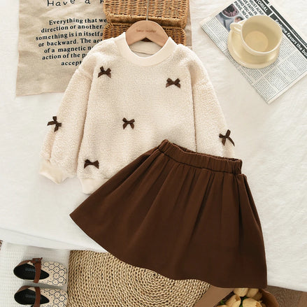 Khaki Fashion Autumn Winter New 3-7 Year Old Girls' Round Neck Long Sleeve Bow Top+pleated Skirt Two Piece Set Korean Version