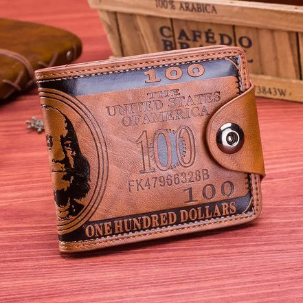 Men’s Fashion Wallet, Leather Photo Card Holder with 100 Dollar Pattern