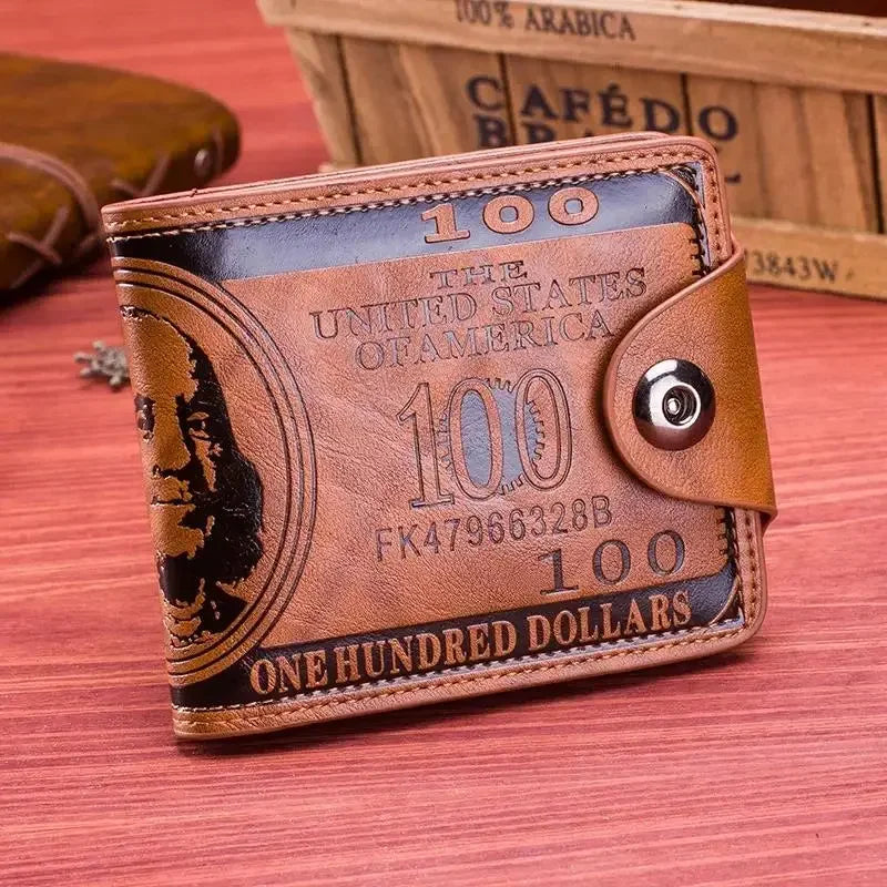 Men’s Fashion Wallet, Leather Photo Card Holder with 100 Dollar Pattern, Large Capacity Stylish Money and Card Purse