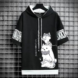 Men’s Summer Hoodie, Japan Fashion Cartoon Print, Casual Harajuku Streetwear, Short Sleeve Hooded Top Sweatshirt