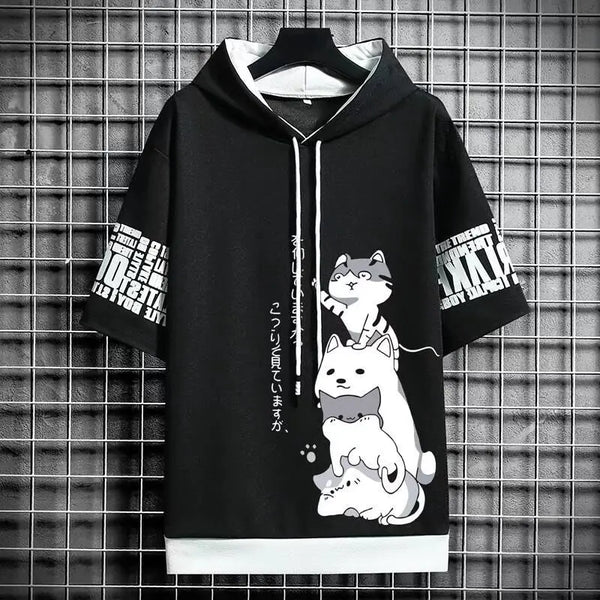 Men’s Summer Hoodie, Japan Fashion Cartoon Print, Casual Harajuku Streetwear, Short Sleeve Hooded Top Sweatshirt