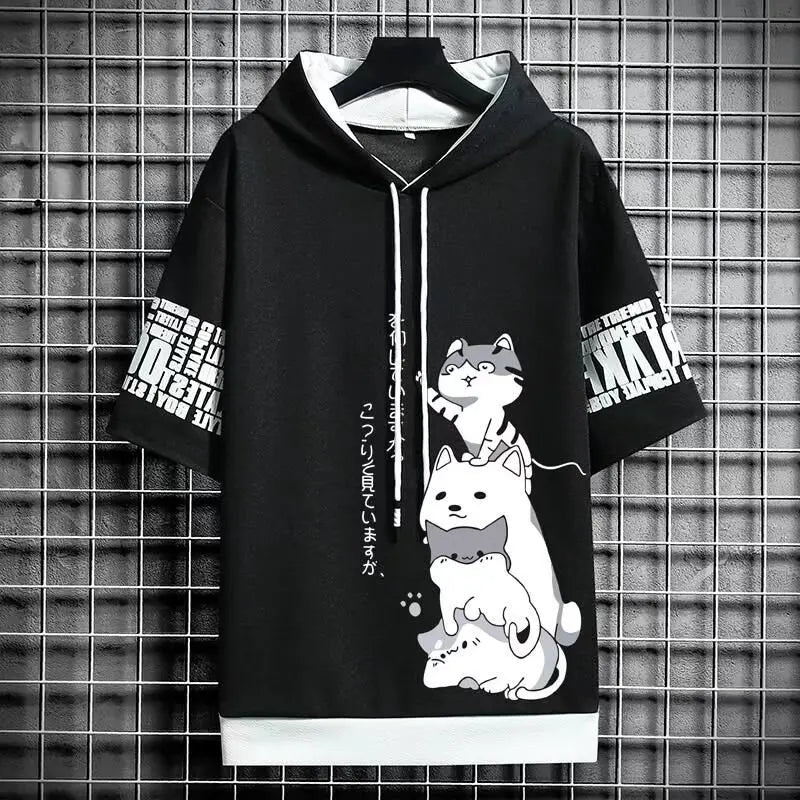 Men’s Summer Hoodie, Japan Fashion Cartoon Print, Casual Harajuku Streetwear, Short Sleeve Hooded Top Sweatshirt