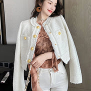 Women’s Short Tweed Jacket, Elegant White-Blue Buttoned Coat, Long Sleeve Office Streetwear