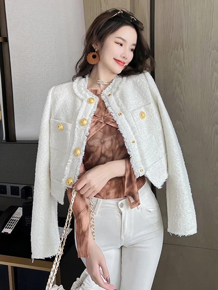 Women’s Short Tweed Jacket, Elegant White-Blue Buttoned Coat, Long Sleeve Office Streetwear