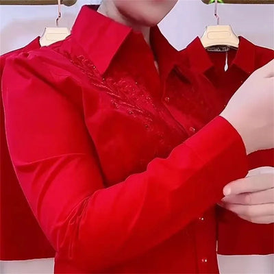 Women’s White, Red & Blue Shirt, Rhinestone Embroidery, Stylish Spring Summer Autumn Blouse