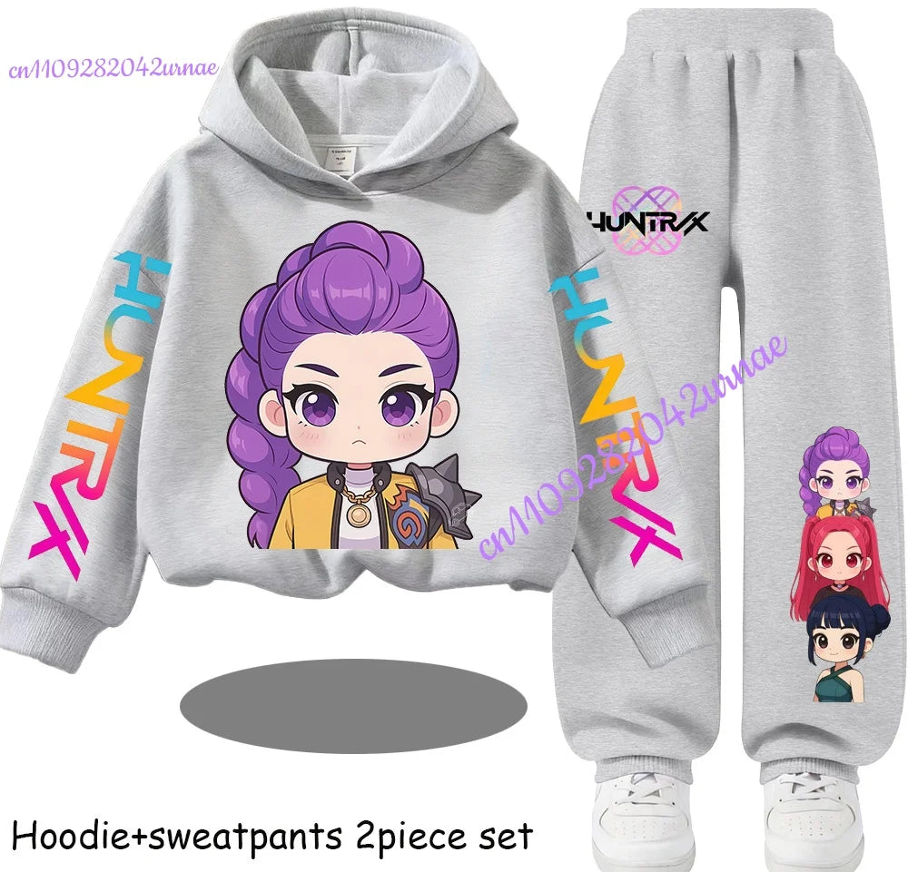 Kid Cloth KPop Demon Hunters Children's Hoodie Set with Boys' Casual Sports Shirt and Two Tone Girls' Soft and Comfortable Pants