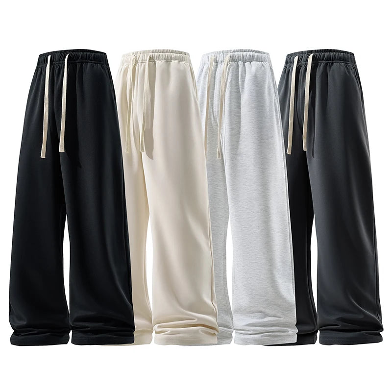 Wide Leg Pants, Fashion Casual Breathable Men’s Sweatpants, Autumn Versatile Elastic High Waist Drawstring Loose Straight Trousers