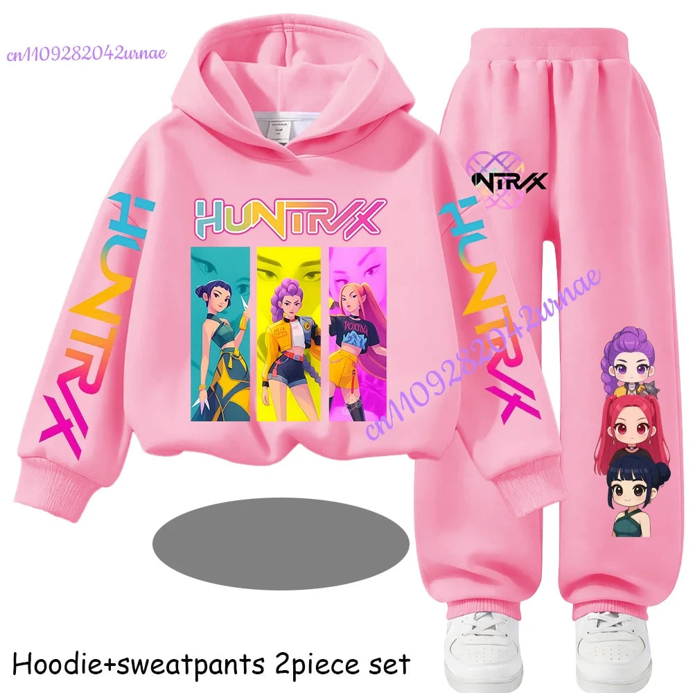 Kid Cloth KPop Demon Hunters Children's Hoodie Set with Boys' Casual Sports Shirt and Two Tone Girls' Soft and Comfortable Pants