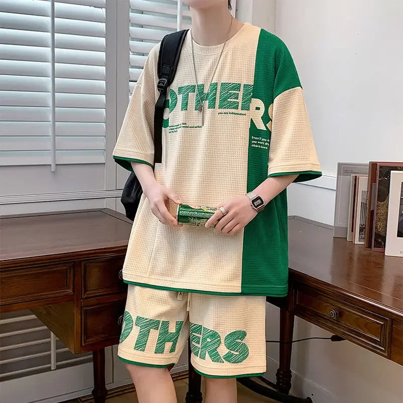 Men’s Clothing Set, Alphabet Top Jogging Sports Suit, Brown T-Shirt Sweatpants