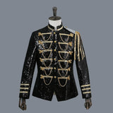 2025 Court Dress Performance Clothes, Silver White Fashion Shiny Beaded Blazer for Men, Host Nightclub DJ Sequin Military Jacket