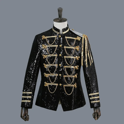 Men’s 2025 Court Style Blazer – Silver Sequin Military Jacket, Shiny Performance Wear